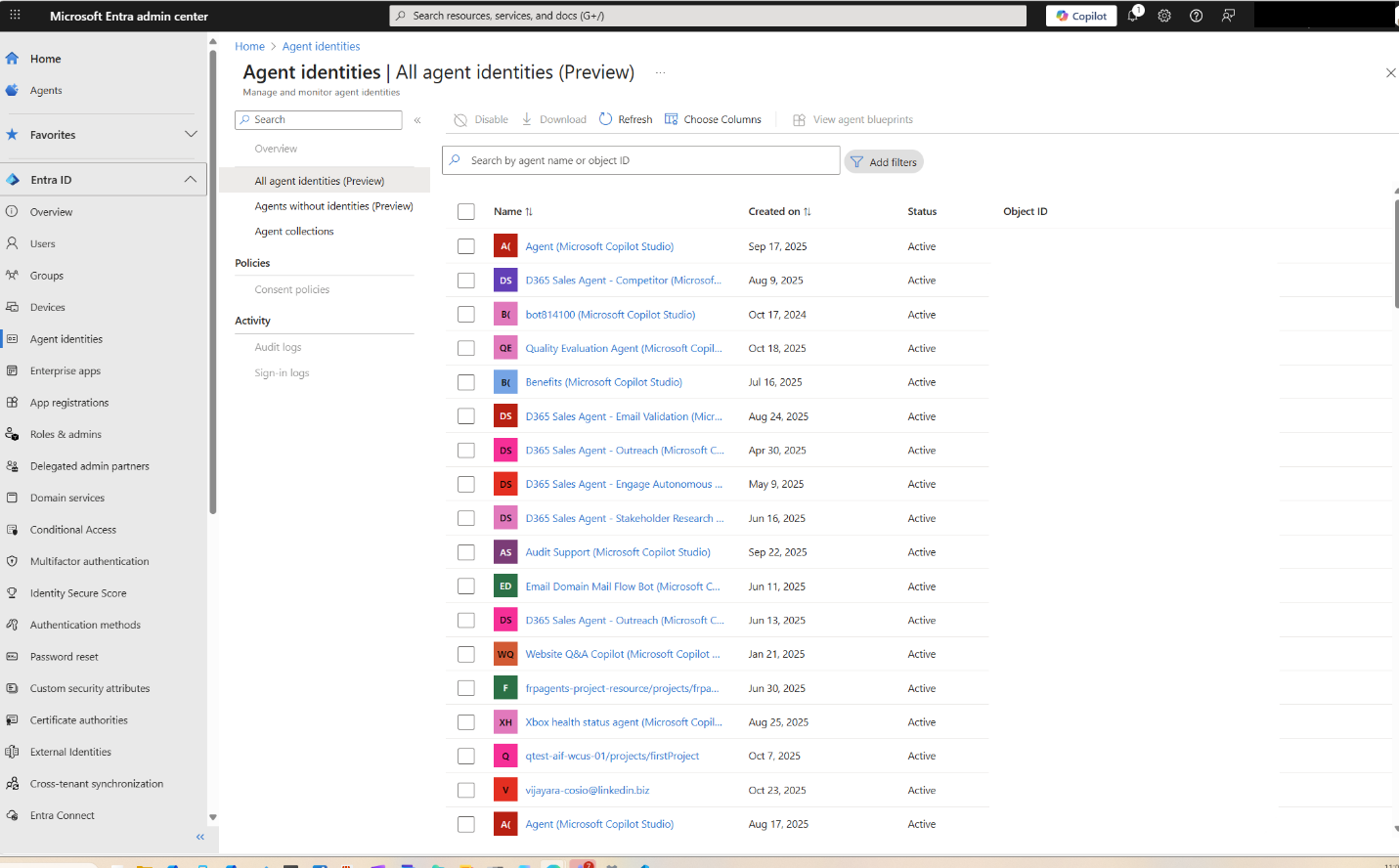 Microsoft Entra admin center 中的 Agent identities 清单页面